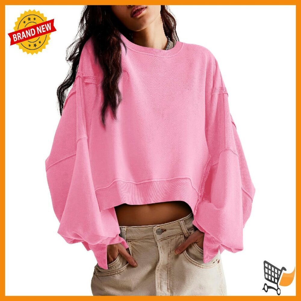 Crop Sweatshirt Long Sleeve Crewneck Loose Fit Side Slit Casual Top